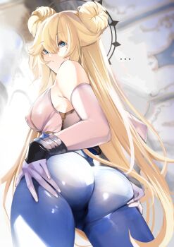 1girl absurdres ass blonde_hair bodystocking breasts brown_dust_(series) brown_dust_2 commentary cosplay english_commentary gloves grabbing_own_ass hand_on_own_ass highres kaneko_lumi long_hair looking_at_viewer looking_back medium_breasts palace phase_connect pupi_(rain_prophet) skin_tight solo spread_ass spreading_own_ass virtual_youtuber white_gloves wilhelmina_(brown_dust) wilhelmina_(brown_dust)_(cosplay) wilhelmina_(iron_monarch)_(brown_dust)