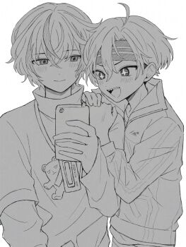 +_+ 18trip 2boys ahoge blush cellphone closed_mouth greyscale hair_between_eyes hands_on_another&#039;s_shoulder headband highres isotake_akuta jacket kinugawa_kiroku long_sleeves male_focus monochrome multiple_boys open_mouth phone sebon_(sebochin) sharp_teeth short_hair smartphone smile teeth tongue upper_teeth_only