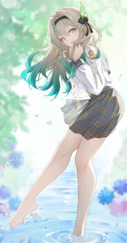 Rule 34 | 1girl, absurdres, barefoot, black serafuku, bow, firefly (honkai: star rail), firefly (spring missive) (honkai: star rail), gradient hair, green bow, green hair, grey hair, grey skirt, hair between eyes, hair intakes, hair ornament, highres, honkai: star rail, honkai (series), long hair, long sleeves, looking at viewer, multicolored hair, official alternate costume, official alternate hairstyle, open mouth, pink eyes, plaid bow, plaid clothes, plaid skirt, qi di xiong, school uniform, serafuku, shirt, skirt, smile, solo, water, white shirt