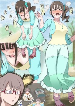 Rule 34 | > <, 1boy, 1girl, :o, absurdres, aqua jacket, aqua scrunchie, aqua skirt, arms up, artist request, bent over, black shoes, blush, breasts, brown hair, cleavage, closed eyes, cropped jacket, exhausted, full body, hanging breasts, highres, jacket, long hair, long skirt, medium breasts, multiple views, nekoyashiki mayu, nekoyashiki yuki, nekoyashiki yuki (cat), precure, purple eyes, red-framed eyewear, scrunchie, shirt, shoes, side ponytail, skirt, surprised, sweat, thinking, toyama satoru, wonderful precure!, yellow shirt