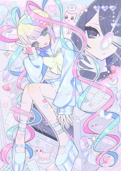 2girls absurdres ame-chan_(needy_girl_overdose) black_eyes black_hair blonde_hair blue_eyes blue_hair blue_shirt cd chouzetsusaikawa_tenshi-chan commentary_request guest_art heart highres long_hair long_sleeves multiple_girls needy_girl_overdose official_art open_mouth pien_cat_(needy_girl_overdose) pink_hair platform_shoes quad_tails school_uniform second-party_source serafuku shirt shoes sleeves_past_wrists sparkle tomio_(amsuimin) w