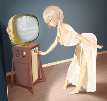 1girl ass bare_shoulders barefoot bent_over blue_eyes blush breasts cleavage dress female_focus full_body grey_hair hanging_breasts highres large_breasts leaning_forward no_bra off_shoulder original robe see-through_silhouette solo standing static television throtem twintails white_dress