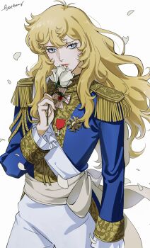 1girl blonde_hair blue_eyes blue_jacket epaulettes falling_petals highres jacket long_hair medal military_uniform oscar_francois_de_jarjayes petals roru_(lol_dessin) solo sparkling_eyes versailles_no_bara very_long_hair