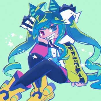 1girl @_@ ahoge akikan. animal_ears aqua_background aqua_hair black_pantyhose blue_eyes blue_hair boots bow clothes_writing crossed_bangs film_grain full_body grin hair_bow hand_on_own_cheek hand_on_own_face heavy_film_grain heterochromia hood hoodie horse_ears horse_girl horse_tail invisible_chair long_hair long_sleeves looking_at_viewer multicolored_hair multicolored_hoodie pantyhose purple_eyes sharp_teeth sidelocks sitting smile solo star_(symbol) striped_bow stuffed_animal stuffed_rabbit stuffed_toy tail teeth twin_turbo_(blast_mode!_turbo_engine)_(umamusume) twin_turbo_(umamusume) twintails two-tone_hair umamusume very_long_hair yellow_boots