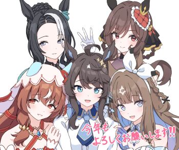 5girls ahoge almond_eye_(umamusume) animal_ears black_hair blue_eyes blush braid breasts brown_hair colored_inner_hair commentary_request daring_tact_(umamusume) ear_covers ear_ornament gentildonna_(umamusume) hair_between_eyes hair_bun hair_ornament hair_rings hairband hairclip highres horse_ears horse_girl kashmir_0808 long_hair looking_at_viewer mejiro_ramonu_(umamusume) mole mole_under_eye multicolored_hair multiple_girls open_mouth purple_eyes red_eyes ribbon shirt smile star_(symbol) star_hair_ornament still_in_love_(umamusume) streaked_hair triple_tiara_(umamusume) umamusume upper_body veil white_hair