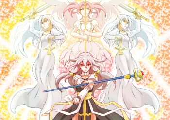 4girls angel arch_bishop_(ragnarok_online) black_dress commentary_request cowboy_shot cross dress grey_hair highres holding holding_scale holding_sword holding_weapon howaito_(ug-balius2) juliet_sleeves long_hair long_sleeves looking_at_viewer multiple_girls open_mouth orange_background pink_hair puffy_sleeves ragnarok_online red_eyes sash sword twintails two-tone_dress weapon weighing_scale white_dress white_hair yellow_eyes yellow_sash