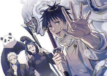 2girls 3boys adjusting_scarf black_hair blue_scarf brown_eyes clenched_hand commentary_request cursed_spirit_(jujutsu_kaisen) facial_mark green_hair hand_up high_ponytail highres holding holding_polearm holding_sword holding_weapon inumaki_toge jacket jewelry jujutsu_kaisen jujutsu_tech_uniform long_hair looking_at_viewer multiple_boys multiple_girls okkotsu_yuta open_mouth orimoto_rika panda_(jujutsu_kaisen) polearm ponytail red_eyes ring round_eyewear scarf sharp_teeth simple_background spiked_hair sword teeth twitter_username upper_teeth_only w55674570w weapon white_background white_hair white_jacket yellow_eyes zen'in_maki