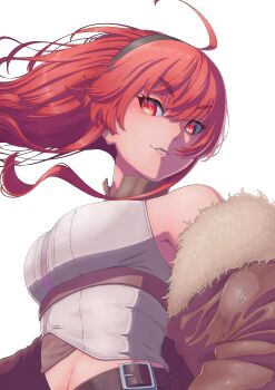 1girl absurdres ahoge belt black_hairband breasts brown_jacket commentary cropped_shirt eris_greyrat fur-trimmed_jacket fur_trim hair_between_eyes hairband highres jacket long_hair long_sleeves looking_at_viewer medium_breasts moga_(vdvk3434) mushoku_tensei off_shoulder parted_lips red_eyes red_hair shirt simple_background sleeveless sleeveless_shirt solo upper_body white_background white_shirt
