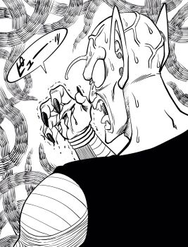 Rule 34 | 1boy, antennae, blood, blood on hands, cheekbones, commentary request, cuts, dragon ball, dragon ball (classic), fangs, fingernails, from behind, highres, injury, lee (dragon garou), male focus, monochrome, open mouth, piccolo daimaou, pointy ears, portrait, sharp fingernails, solo, sweat, tongue, trembling, veins