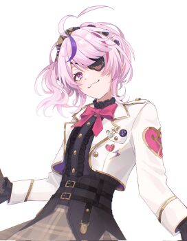 1girl :3 ahoge black_gloves black_shirt bow bowtie brooch brown_skirt checkered_clothes checkered_skirt closed_mouth collared_shirt commentary cowboy_shot cropped_jacket dress_shirt fishnet_gloves fishnets frilled_sleeves frills gloves hashtag-only_commentary heart heart_ahoge highres jacket jewelry lapels long_sleeves looking_at_viewer maria_marionette maria_marionette_(1st_costume) medium_hair multicolored_hair nijisanji nijisanji_en pink_bow pink_bowtie pink_eyes pink_hair purple_streaks shirt side_ponytail sidelocks simple_background skirt smile solo streaked_hair symbol-only_commentary two-tone_hair virtual_youtuber white_background white_jacket yakira00