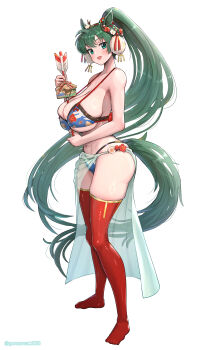 1girl absurdres alternate_breast_size_(larger) alternate_costume animal_ears armpits arrow_(projectile) bare_arms bare_shoulders bikini blue_bikini blush boots breasts collarbone commentary_request ear_flower ema fire_emblem fire_emblem:_the_blazing_blade fire_emblem_engage fire_emblem_shadows floral_print floral_print_bikini flower full_body gonzarez green_eyes green_hair hair_flower hair_ornament hamaya high_ponytail highres holding holding_arrow holding_ema horse_ears horse_girl horse_tail huge_breasts japanese_clothes kemonomimi_mode long_hair looking_at_viewer lyn_(fire_emblem) lyn_(plains_wind)_(fire_emblem) navel nintendo open_mouth ponytail print_bikini red_thighhighs sideboob simple_background skindentation smile solo stomach swimsuit tail thick_thighs thighhighs thighs underboob very_long_hair white_background