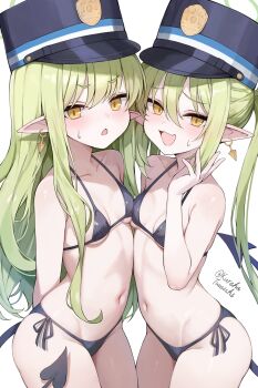 2girls :d alternate_costume arm_behind_back artist_name bare_shoulders bikini black_bikini black_tail blue_archive blue_hat breast_press breasts collarbone commentary_request cowboy_shot demon_girl demon_tail dot_nose earrings fang furrowed_brow green_hair green_halo hair_between_eyes hair_over_shoulder halo hand_up hat highres hikari_(blue_archive) jewelry loli long_hair long_sidelocks looking_at_viewer multiple_girls navel nozomi_(blue_archive) open_mouth peaked_cap pointy_ears siblings side-tie_bikini_bottom sidelocks signature simple_background single_earring sisters skin_fang small_breasts small_sweatdrop smile standing straight_hair sweatdrop swimsuit tail tateishi_kureha thighs twins twintails underboob v-shaped_eyebrows very_long_hair white_background yellow_eyes