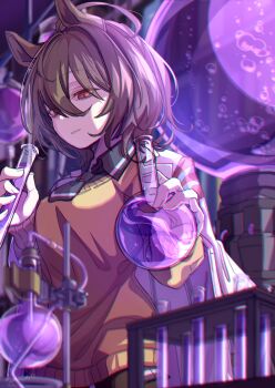 1girl absurdres agnes_tachyon_(tach-nology)_(umamusume) agnes_tachyon_(umamusume) ahoge animal_ears backlighting black_necktie blurry blurry_background blurry_foreground brown_hair chemistry chemistry_set collared_shirt commentary_request depth_of_field flask hair_between_eyes half-closed_eyes highres holding holding_flask holding_test_tube horse_ears horse_girl lab_coat long_bangs looking_at_object messy_hair necktie parted_lips purple_liquid red_eyes round-bottom_flask shirt short_hair short_necktie signature solo standing sweater tenagaebi test_tube test_tube_rack umamusume upper_body yellow_sweater