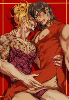 2boys bara blonde_hair brown_hair cleavage_cutout clothing_cutout commentary_request crossdressing crossdressing_(mtf) dress earrings eyepatch facial_hair fangs fingernails goatee gold_necklace goromi hannya highres hoop_earrings irezumi jewelry large_pectorals lipstick_mark lipstick_mark_on_chest lipstick_mark_on_face long_fingernails majima_everywhere majima_goro male_focus mask mature_male multiple_boys muscular muscular_male necklace noh_mask pectoral_cleavage pectorals pink_dress pink_nails red_dr red_nails ryuu_ga_gotoku_(series) ryuu_ga_gotoku_1 ryuu_ga_gotoku_kiwami side_slit sitting sitting_on_lap sitting_on_person snake_print snakeskin sotenborinpc tattoo wig