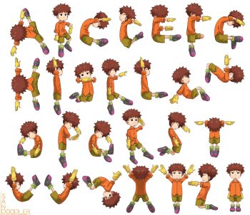 Rule 34 | 1boy, alphabet, black eyes, black footwear, brown hair, brown shorts, collared shirt, d sandy, digimon, digimon adventure, expressionless, from behind, from side, full body, gloves, green socks, highres, izumi koshiro, letter pose, long sleeves, looking at viewer, loose socks, male focus, multicolored footwear, multiple views, open mouth, orange shirt, purple footwear, shirt, shoes, short hair, shorts, sideways mouth, simple background, sleeves rolled up, sneakers, socks, spiked hair, white background, yellow gloves