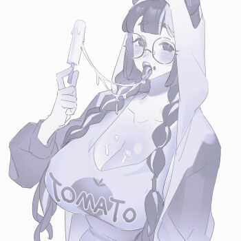 1girl absurdres bb_panda_bb braid breasts chinese_commentary cleavage coat commentary_request food highres holding holding_food hood hoodie huge_breasts long_hair monochrome open_clothes open_coat original popsicle round_eyewear solo sweat twin_braids