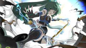 1girl absurdres android bangboo_(zenless_zone_zero) battery black_choker black_gloves black_shorts braid choker commentary electricity explosion feet_out_of_frame fingerless_gloves gloves green_eyes green_hair hair_ornament highres holding holding_staff holding_weapon kanon_(sinto) knee_pads long_hair looking_at_viewer midriff open_mouth outstretched_hand police police_uniform policewoman qingyi_(zenless_zone_zero) rebar robot_girl securityboo_(zenless_zone_zero) shirt shorts side_braids sleeveless sleeveless_shirt sphere_hair_ornament staff three_section_staff twintails very_long_hair weapon zenless_zone_zero