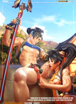 1boy 1girl 3d abs anran_(overwatch) black_hair body_markings boulder breasts brother_and_sister clothes_lift cum ear_piercing earrings english_text fellatio gloves grabbing_another's_hair hetero holding_another's_hair incest jewelry licking licking_penis nipples oral overwatch penis piercing ponytail poseidonxcomics shirt_lift siblings sitting staff_(weapon) testicles wuyang_(overwatch)