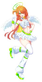 Rule 34 | 1girl, :d, ass, blonde hair, blush, bond en, bondlive, braid, choker, colored inner hair, feathered wings, frilled skirt, frills, full body, gloves, green halo, halo, kiyori mist, leg up, leg warmers, long hair, miniskirt, multicolored hair, navel, official art, one side up, open mouth, orange hair, shirokumo chromu, shoes, skirt, smile, solo, stomach, thighhighs, tongue, v, very long hair, virtual youtuber, white choker, white gloves, white leg warmers, white shoes, white skirt, white thighhighs, white wings, wings