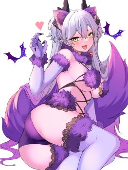 1girl animal_ears ass bare_shoulders blush breasts cleavage cosplay crossed_bangs demon_girl demon_horns fate/grand_order fate_(series) fur-trimmed_gloves fur-trimmed_legwear fur_collar fur_trim gloves green_eyes grey_hair highres horns lilith_(fate) long_hair looking_at_viewer mash_kyrielight mash_kyrielight_(dangerous_beast) mash_kyrielight_(dangerous_beast)_(cosplay) medium_breasts open_mouth pointy_ears purple_gloves purple_thighhighs shibakame smile solo tail thighhighs thighs twintails wolf_ears wolf_tail