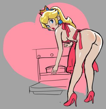 1girl apron ass bent_over blonde_hair blue_eyes breasts butt_crack cake crown earrings food functionally_nude gluteal_fold heart high_heels highres jewelry large_breasts looking_back mario_(series) naked_apron nintendo nude oven ponytail princess_peach sideboob simple_background solo sunbeam_(artist)
