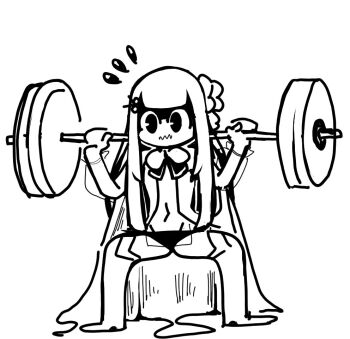 1girl amanogawa_shiina amanogawa_shiina_(1st_costume) barbell black_panties bow hair_ornament hetero jushikuroni long_hair navel panties phase_connect scissors_hair_ornament solo squatting sweat underwear very_long_hair virtual_youtuber weights