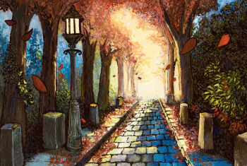 absurdres acrylic_paint_(medium) brick colorful commentary_request dated_commentary evening falling_leaves foliage highres lamppost leaf no_humans original outdoors painting_(medium) park path road scenery traditional_media tree yousonn