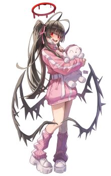 Rule 34 | 1girl, absurdres, antenna hair, belt, black hair, black nails, blood, blood halo, blue archive, blush, comically huge ahoge, commentary request, dated commentary, doodle sensei (blue archive), fingernails, full body, hair ribbon, halo, hand up, highres, holding, holding stuffed toy, jacket, korean commentary, legs, liquid halo, long fingernails, long hair, looking at viewer, mask, mask pull, mouth mask, multicolored socks, nail polish, open mouth, pink jacket, pink ribbon, pink socks, red eyes, ribbon, sensei (blue archive), shoes, simple background, socks, solo, standing, stuffed animal, stuffed toy, tsurugi (blue archive), two-tone socks, white background, white belt, white shoes, white socks, yc97