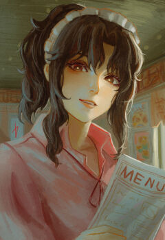 1girl absurdres amagami black_eyes black_hair collared_shirt commentary curly_hair english_commentary film_grain heavy_film_grain high_ponytail highres hiki_katoh holding holding_menu indoors lips looking_at_viewer maid_headdress medium_hair menu messy_hair neck_ribbon official_alternate_costume official_alternate_hairstyle parted_bangs parted_lips pink_shirt ponytail realistic red_ribbon ribbon shirt solo tanamachi_kaoru upper_body waitress wavy_hair