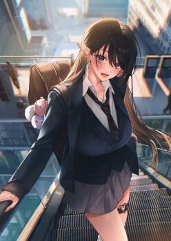 1girl backpack bag bag_charm black_necktie blue_jacket blue_sweater blurry blurry_background breasts brown_bag brown_eyes brown_hair charm_(object) collared_shirt commentary_request dress_shirt ear_piercing earrings elf escalator from_above grey_skirt hair_behind_ear heart heart_o-ring highres jacket jewelry large_breasts long_hair looking_at_viewer loose_necktie miniskirt mole mole_under_eye necktie o-ring o-ring_thigh_strap open_mouth original outdoors piercing pleated_skirt pointy_ears revision school_uniform shirt sino42 skirt sleeves_past_wrists solo_focus sweater thigh_strap white_shirt