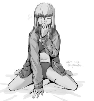 Rule 34 | 1girl, bed sheet, blunt bangs, borrowed clothes, bra, colored tips, commentary request, dated, greyscale, hand up, highres, jacket, jouhou, long sleeves, looking at viewer, medium hair, monochrome, multicolored hair, navel, one eye closed, open clothes, open jacket, open mouth, panties, satsuki yomi, simple background, sitting, sketch, solo, squeans, stomach, toji no miko, twitter username, underwear, wariza, white background, yawning