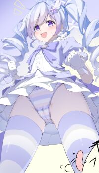 1boy 1girl blue_archive blush bow bowtie cameltoe collar doodle_sensei_(blue_archive) dot_nose drill_hair earrings feather_hair_ornament frilled_collar frills gloves gluteal_fold gradient_background hair_ornament halo highres jewelry large_bow licking_leg loli long_hair looking_at_another open_mouth panties piyodesu purple_bow purple_bowtie purple_eyes purple_panties purple_thighhighs reisa_(blue_archive) reisa_(magical)_(blue_archive) sensei_(blue_archive) short_sleeves simple_background sleeve_bow smile standing star_(symbol) star_earrings star_hair_ornament striped_clothes striped_panties striped_thighhighs thighhighs tongue tongue_out twin_drills twintails underwear very_long_hair white_bow white_gloves white_halo zettai_ryouiki