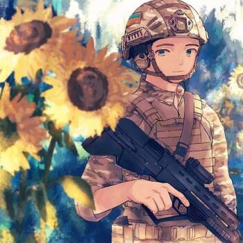 Rule 34 | 1boy, abstract background, bulletproof vest, bullpup, camouflage, camouflage headwear, camouflage jacket, combat helmet, ear protection, field, flower, flower field, green eyes, gun, helmet, holding, holding gun, holding weapon, jacket, kikurina, looking at viewer, male focus, malyuk, military combat uniform, military uniform, original, russo-ukrainian war, second-party source, soldier, sunflower, sunflower field, trigger discipline, ukraine, ukrainian flag, weapon