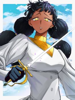 Rule 34 | 1girl, black hair, braid, breasts, commentary request, dark-skinned female, dark skin, desscaras, earrings, gloves, hair bun, highres, holding, holding sword, holding weapon, jewelry, long hair, long sleeves, looking at viewer, madan no ichi, mai0572, open mouth, solo, sword, twintails, very dark skin, weapon, witch, yellow eyes