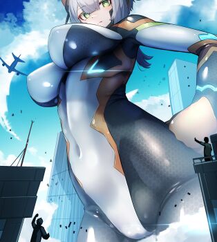 1boy 1girl absurdres aircraft airplane bodysuit breasts building covered_erect_nipples cowboy_shot giant giantess green_eyes grey_bodysuit grey_hair highres large_breasts medium_hair natsukaze_shigure original skyscraper solo_focus standing