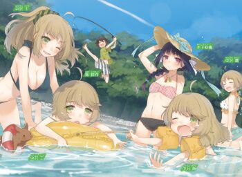 &gt;;d 10s 1boy 5girls :d ;d ^_^ ahoge bikini black_hair blush braid breasts brown_hair casual_one-piece_swimsuit character_name child closed_eyes contrail day dutch_angle expressionless fishing fishing_rod frilled_bikini frilled_swimsuit frills green_eyes hair_ornament hair_scrunchie halterneck hand_on_headwear hand_on_own_head hat hata_kousaku highres holding inflatable_armbands innertube jumping kinoshita_ringo_(no-rin) kippu large_breasts leaning_forward long_hair multiple_girls nakazawa_akina nakazawa_minori nakazawa_takumi nakazawa_tsukasa navel necktie no-rin official_art one-piece_swimsuit one_eye_closed open_mouth outdoors pink_eyes polka_dot polka_dot_bikini polka_dot_swimsuit purple_eyes river scrunchie short_hair siblings sisters small_breasts smile striped_clothes striped_scrunchie sun_hat swim_ring swimsuit thick_eyebrows v-shaped_eyebrows wading wakadanna_(no-rin) water wince
