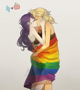 2girls apple applejack applejack_(equestria_girls) blonde_hair commentary couple english_commentary food fruit gem_(symbol) hand_on_another's_back hand_on_another's_face hand_on_another's_head highres kiss lgbt_pride long_hair low-tied_long_hair multiple_girls my_little_pony my_little_pony:_equestria_girls my_little_pony:_friendship_is_magic purple_hair rainbow_flag rarity_(equestria_girls) rarity_(my_little_pony) simple_background tan tcn_tancha tumblr_username yuri