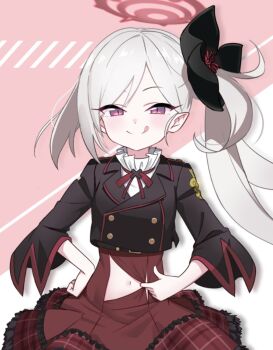 Rule 34 | 1girl, :q, belt, black jacket, blue archive, buttons, commentary request, cropped jacket, double-breasted, eha7y, flower, frilled skirt, frills, hair flower, hair ornament, halo, hand on own hip, high-waist skirt, highres, jacket, long hair, long sleeves, looking at viewer, mutsuki (blue archive), navel, neck ribbon, pink background, plaid clothes, plaid skirt, pointy ears, red eyes, red halo, red ribbon, red skirt, ribbon, shirt, side ponytail, skirt, slit pupils, smile, solo, split mouth, tongue, tongue out, two-tone background, white background, white hair, white shirt