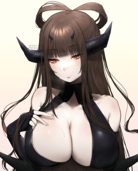 1girl bare_shoulders black_dress black_gloves blunt_bangs breasts brown_hair cleavage dress elbow_gloves gloves highres horns large_breasts original pale_skin segmented_horns sidelocks sweat terupancake yellow_eyes