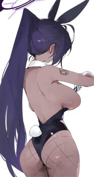 1girl absurdres animal_ears ass backboob black_hair black_leotard blue_archive breasts dark-skinned_female dark_skin detached_collar dokshuri ear_piercing fake_animal_ears fishnet_pantyhose fishnets gloves halo highres karin_(blue_archive) karin_(bunny)_(blue_archive) large_breasts leotard long_hair number_tattoo official_alternate_costume pantyhose piercing playboy_bunny ponytail purple_halo rabbit_ears rabbit_tail strapless strapless_leotard tail tattoo white_gloves yellow_eyes