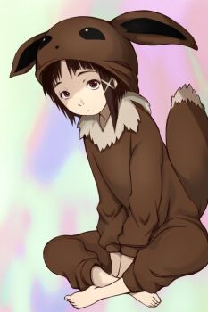 1girl animal_ears asymmetrical_hair barefoot brown_eyes brown_hair closed_mouth cosplay e10 eevee eevee_(cosplay) eevee_ears eevee_tail fake_animal_ears feet gen_1_pokemon hair_ornament hairclip hood iwakura_lain looking_at_viewer nintendo poke_kid_(pokemon) pokemon pokemon_swsh pokemon_tail serial_experiments_lain short_hair sitting solo tail x_hair_ornament