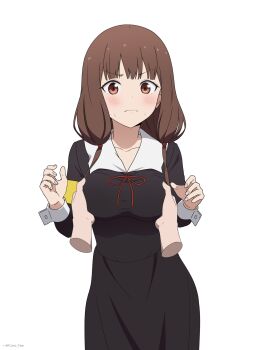 1girl 1other armband black_dress blush breasts brown_eyes brown_hair closed_mouth collared_dress commentary coro_fae cowboy_shot disembodied_hand dress grabbing_another&#039;s_breast groping highres iino_miko kaguya-sama_wa_kokurasetai_~tensai-tachi_no_renai_zunousen~ large_breasts long_hair long_sleeves looking_at_viewer low_twintails neck_ribbon paid_reward_available red_ribbon ribbon school_uniform shuuchiin_academy_school_uniform simple_background solo_focus split_mouth sweat twintails twitter_username v-shaped_eyebrows wavy_mouth white_background winter_uniform yellow_armband