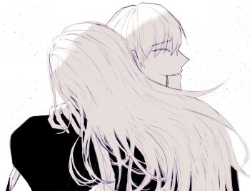 1boy 1girl anima_tion_1 bleach blood blood_from_mouth chromatic_aberration closed_eyes eyes_visible_through_hair highres hug ichimaru_gin long_hair matsumoto_rangiku monochrome shihakusho smile spoilers