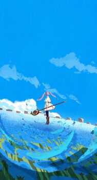1girl absurdres black_leggings blue_sky blue_theme boots brown_boots cloud commentary_request cumulonimbus_cloud dress elf field floating_hair frieren from_behind grass grey_hair highres holding holding_staff holding_weapon leggings long_hair outdoors pointy_ears seisyunbotdesu sky sousou_no_frieren staff standing twintails weapon white_dress