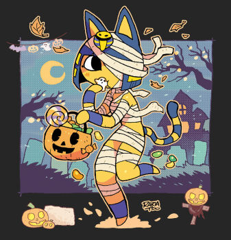1girl animal_crossing animal_ears ankha_(animal_crossing) artist_name bandages bare_tree black_eyes blue_hair blush bob_cut candy cat_ears cat_girl cat_tail commentary crescent_moon eating food furry furry_female halloween halloween_costume jack-o'-lantern leaf moon mummy_costume nintendo rariatto_(ganguri) short_hair solo striped_tail symbol-only_commentary tail tree yellow_fur