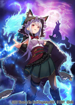1girl aura black_boots black_cape black_gloves black_hood boots bow bowtie breasts cape copyright_notice duel_masters duel_masters_play's elbow_gloves frilled_hood frills from_below full_moon gloves gradient_background green_skirt grey_hair highres hood long_hair looking_at_viewer looking_down luca_(duel_masters) medium_breasts miyamoto_satoru moon nail_polish official_art open_mouth pantyhose pink_nails pointing pointing_at_viewer red_bow red_bowtie red_eyes shirt skirt skull sleeveless sleeveless_shirt solo tail teeth thigh_strap upper_teeth_only white_shirt wolf wolf_hood wolf_tail
