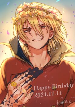 1boy absurdres arm_tattoo blonde_hair confetti dated dr._stone flower flower_wreath grin hair_between_eyes hand_tattoo hand_up happy_birthday head_wreath high_collar highres jacket jewelry kknskkms01 looking_at_viewer male_focus nanami_ryuusui petals red_jacket red_shirt ring shirt short_hair smile solo tattoo teeth upper_body yellow_flower