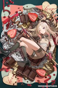 1girl artist_request bad_source black_boots blonde_hair boots brown_shirt brown_shorts cherry chocolate coffee_beans copyright_notice food fruit full_body gakuen_idolmaster gloves heart highres holding holding_food holding_pocky idolmaster juo_sena long_hair looking_at_viewer multicolored_hair official_art one_eye_closed oversized_food oversized_object pink_gloves pink_streaks pocky purple_eyes red_ribbon ribbon second-party_source shirt shoe_soles shorts smile solo strawberry strawberry_slice streaked_hair valentine