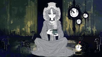 1boy alice's_adventures_in_wonderland analog_clock animate_object animated animated_gif bags_under_eyes black_rabbit_(animal) blinking checkered_floor clock commentary commission cup dark dust english_commentary eyes_visible_through_hair full_body grey_eyes grey_hair grey_pupils grey_robe hair_over_eyes hat highres holding holding_cup holding_pocket_watch indian_style indie_virtual_youtuber jaggy_lines johann_(vtuber) light_particles looking_at_viewer looping_animation medium_hair mushroom parody pocket_watch rabbit red_eyes robe roman_numeral shadow sitting spilling straight-on stuffbecauseidk teacup teapot virtual_youtuber wall_clock watch