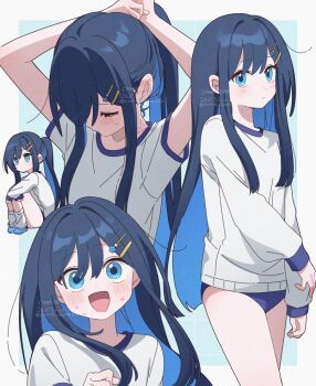 1girl :d blue_background blue_buruma blue_eyes blue_hair blush border buruma cevio closed_mouth colored_inner_hair commentary_request corn_kuten cowboy_shot futaba_minato gym_uniform hair_ornament hairclip knees_up long_hair long_sleeves loose_hair_strand multicolored_hair multiple_views open_mouth outside_border parallel_hairclips shirt simple_background sitting smile sweat tying_hair watermark white_border white_shirt